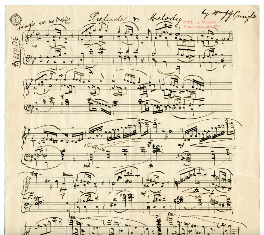 Manuscrit autographe de «Prelude & Melody» pour piano de J. J. Pringler [?] (4 pages)