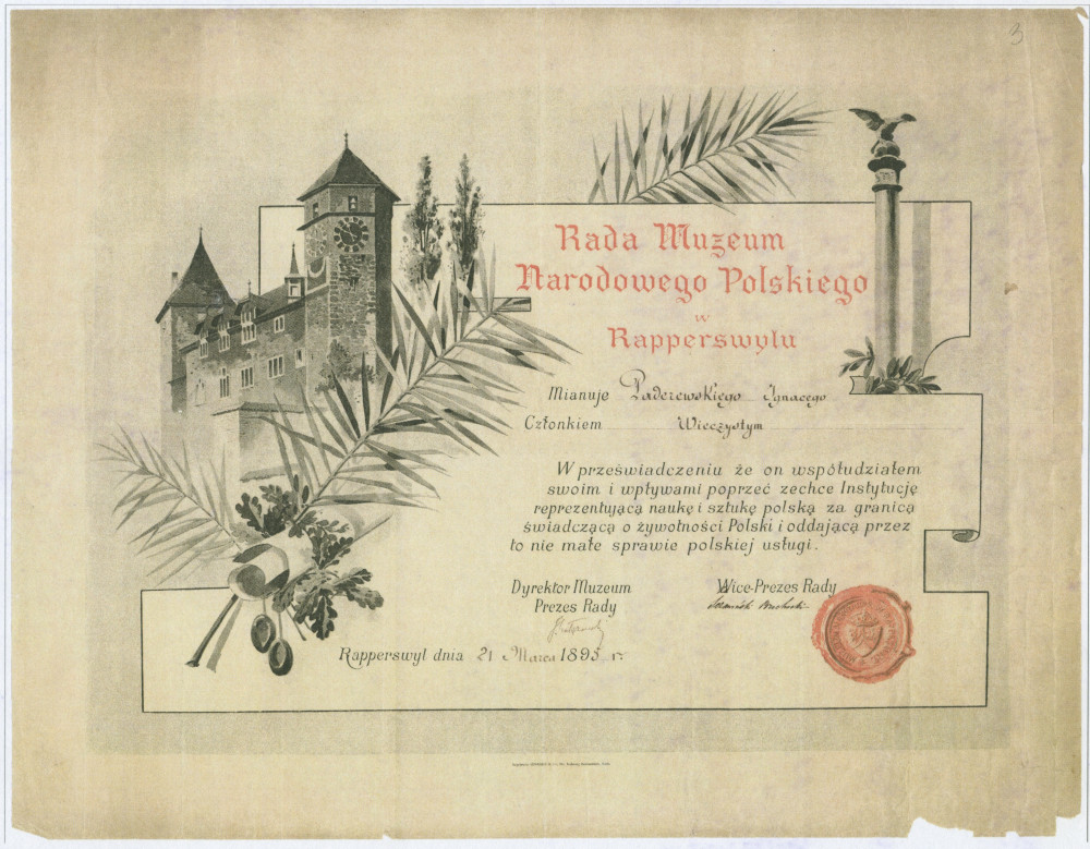 Copie couleur du certificat de membre à vie du Conseil du Musée polonais de Rapperswil attribué à Paderewski le 21 mars 1895