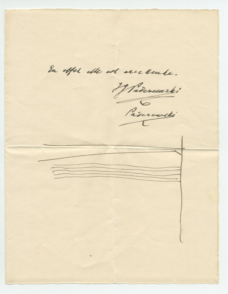 Billet manuscrit signé de Paderewski – «en effet elle est excellente» – avec portée de musique?