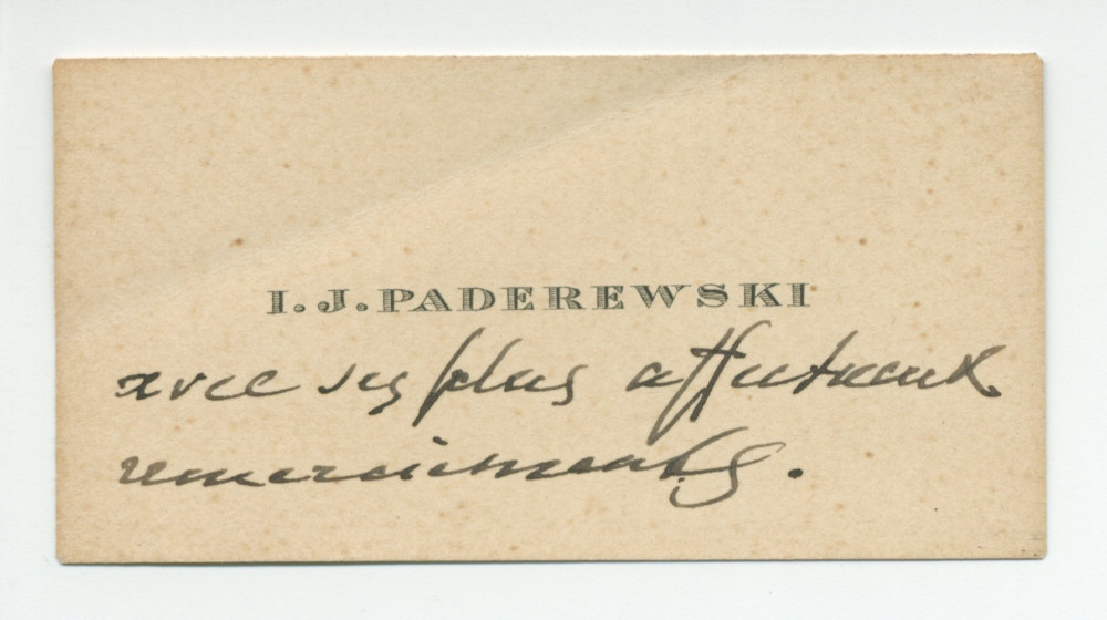 Carte de compliment de «I. J. Paderewski» «avec ses plus affectueux remerciements» (manuscrit)