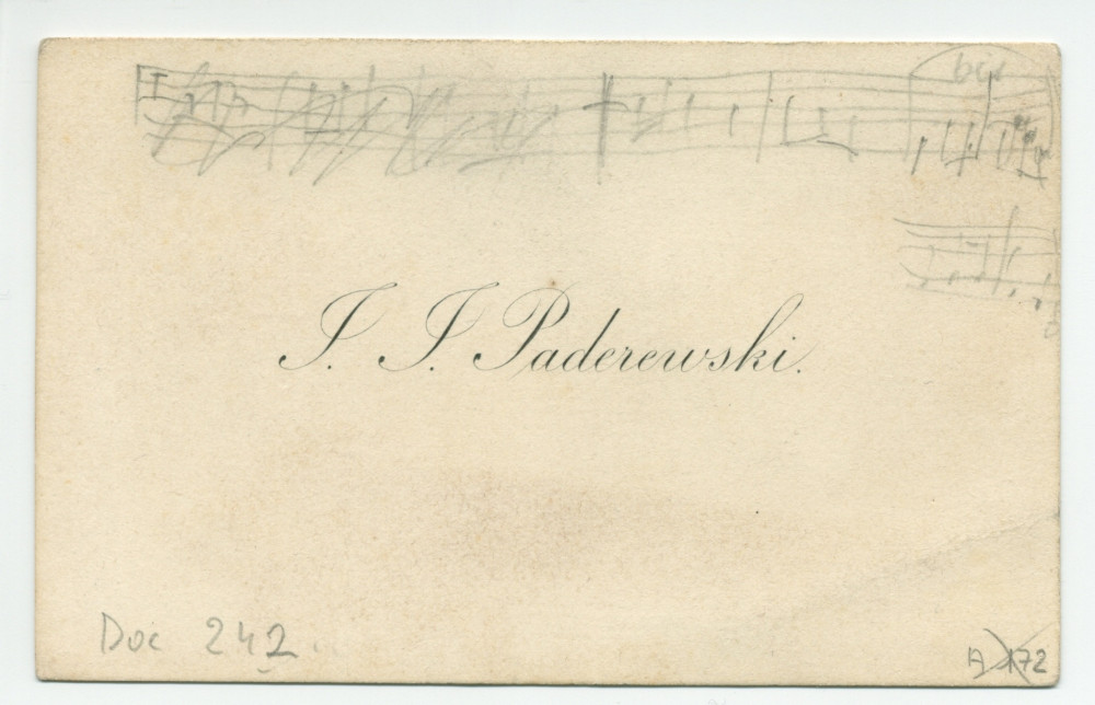 Carte de visite «I. J. Paderewski» avec esquisse musicale au crayon recto-verso
