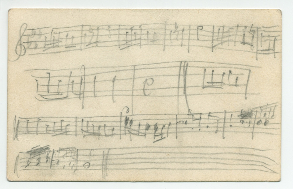 Carte de visite «I. J. Paderewski» avec esquisse musicale au crayon recto-verso