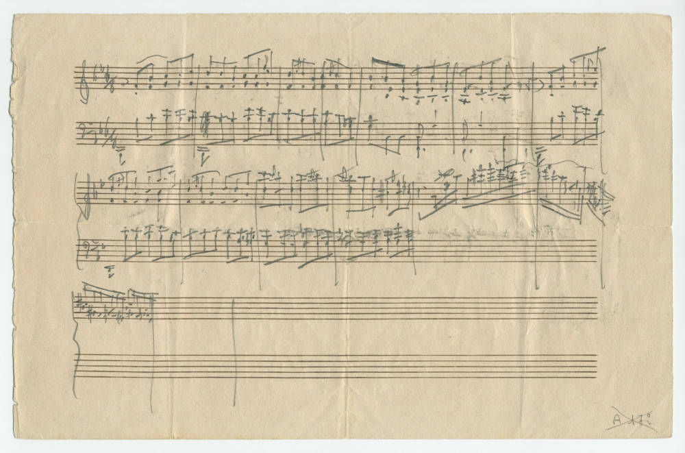Esquisse musicale au crayon de Paderewski – au recto sur deux portées (piano), au verso sur une (violon?)