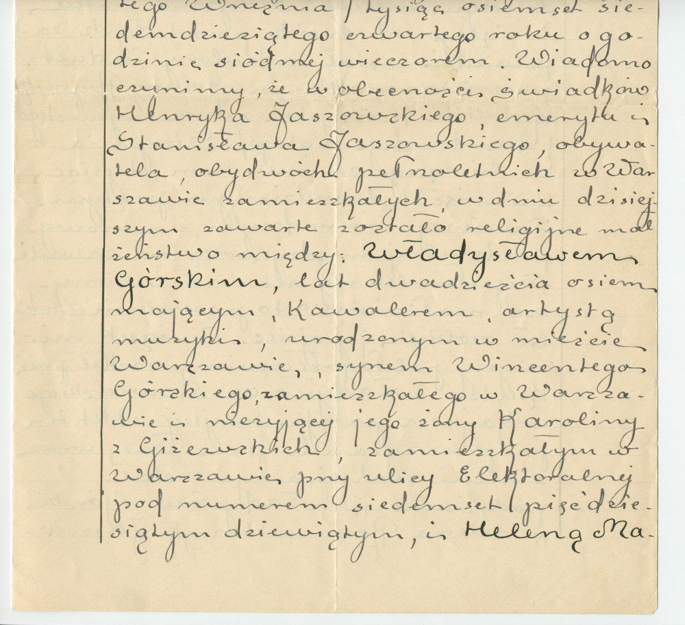 Traductions du russe en polonais de l'acte de mariage d'Hélène de Rosen et Ladislas Gorski (célébré le 24 août / 5 septembre 1874) extrait des registres de l'état-civil de la paroisse catholique-romaine Saint-Jean-Baptiste de Varsovie