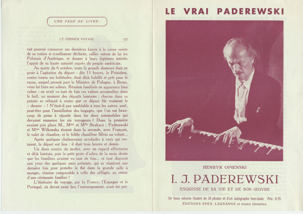 Prospectus promotionnel de la biographie de Paderewski publiée par Henryk Opienski aux Editions Spes à Lausanne