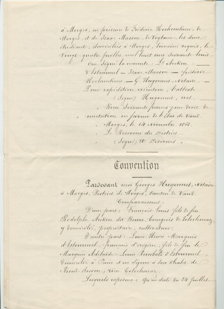 Concessions d'eaux des 24 juillet 1868 et 30 novembre 1872 en faveur de la «Compagnie du Chalet de Riond-Bosson» faites par François-Louis Anken dit Beure, domicilié à Tolochenaz, propriétaire et cultivateur
