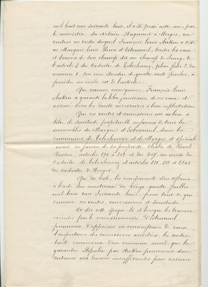 Concessions d'eaux des 24 juillet 1868 et 30 novembre 1872 en faveur de la «Compagnie du Chalet de Riond-Bosson» faites par François-Louis Anken dit Beure, domicilié à Tolochenaz, propriétaire et cultivateur