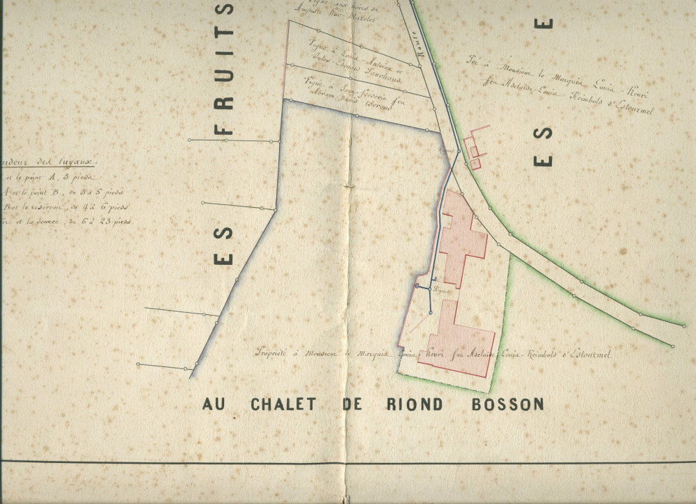 «Plan des conduites de fontaine de la campagne du Chalet de Riond Bosson appartenant à Monsieur le Marquis d'Estourmel dressé en février 1873 par M. Grivel [commissaire-arpenteur]»