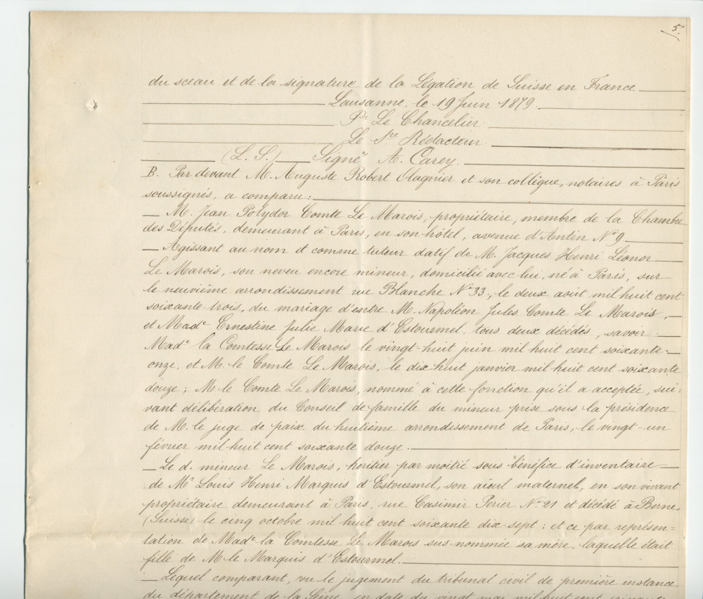 Acte n° 1752 de cession d'une moitié indivise du domaine dit «le Chalet de Riond-Bosson» réalisée le 5 juillet 1879 devant le notaire Louis Monay, à Morges