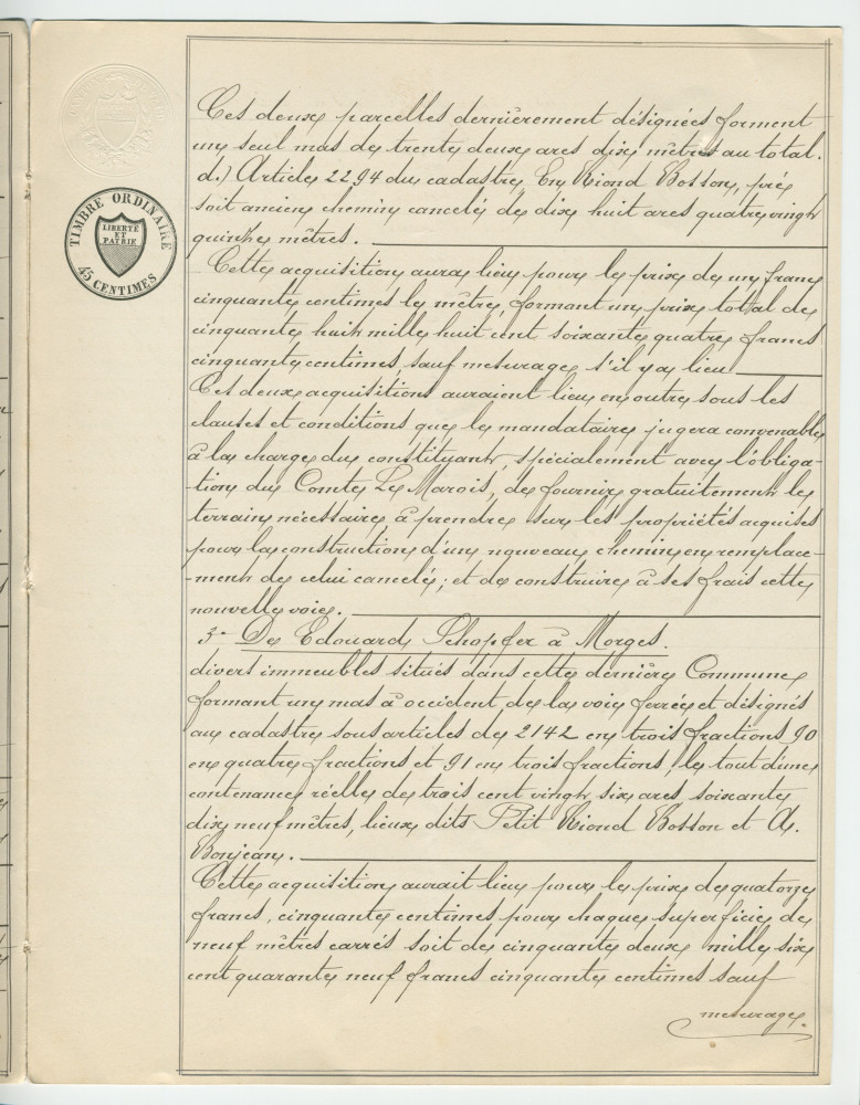 Acte n° 4076 de vente d'immeubles propriétés de la Commune de Morges situés sur les communes de Tolochenaz (Au Molliau) et Morges (À Bonjean, En Riond-Bosson) réalisée le 16 mai 1888 devant le notaire Henri Gonvers, à Morges