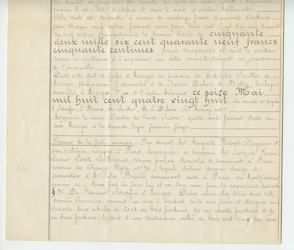 Acte n° 2459 de vente d'immeubles situés sur la commune de Morges (Petit Riond-Bosson, À Bonjean) selon le plan réalisé par M. Charles Kräutler, géomètre en cette ville, réalisée le 16 mai 1888 devant le notaire Louis Monay, à Morges