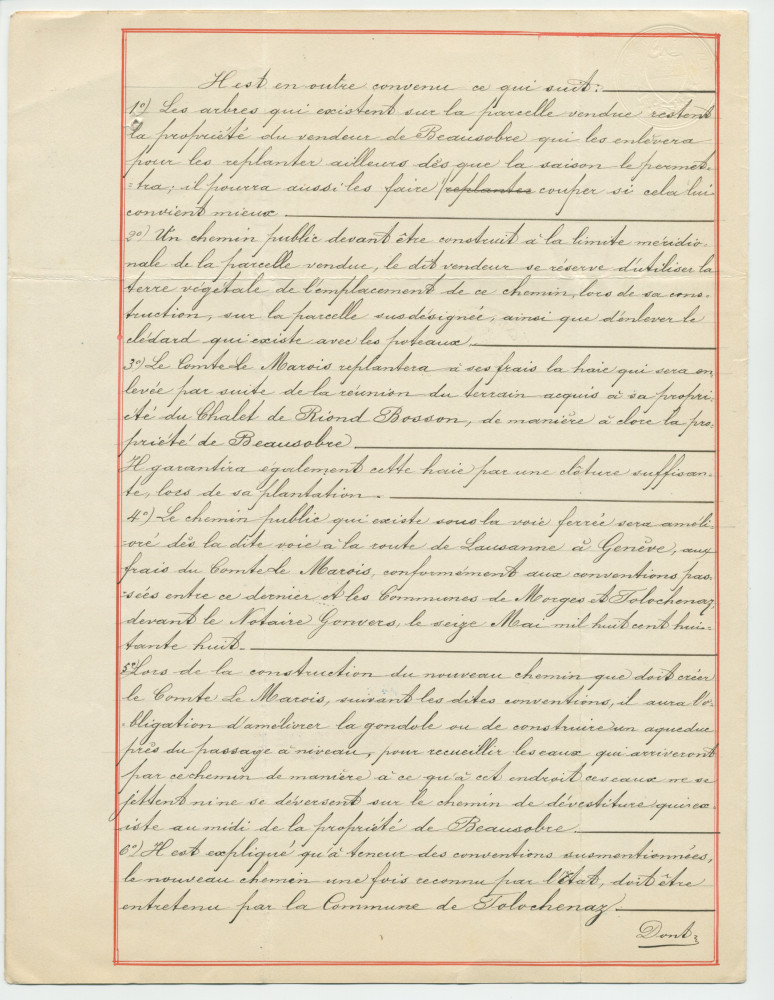 Acte n° 4222 de vente d'un immeuble sis «Au Molliau», sur la commune de Tolochenaz, réalisée le 15 décembre 1888 devant le notaire Henri Gonvers, à Morges, par M. Jean Charles César Benjamin, fils de feu Georges Louis de Beausobre, à Morges