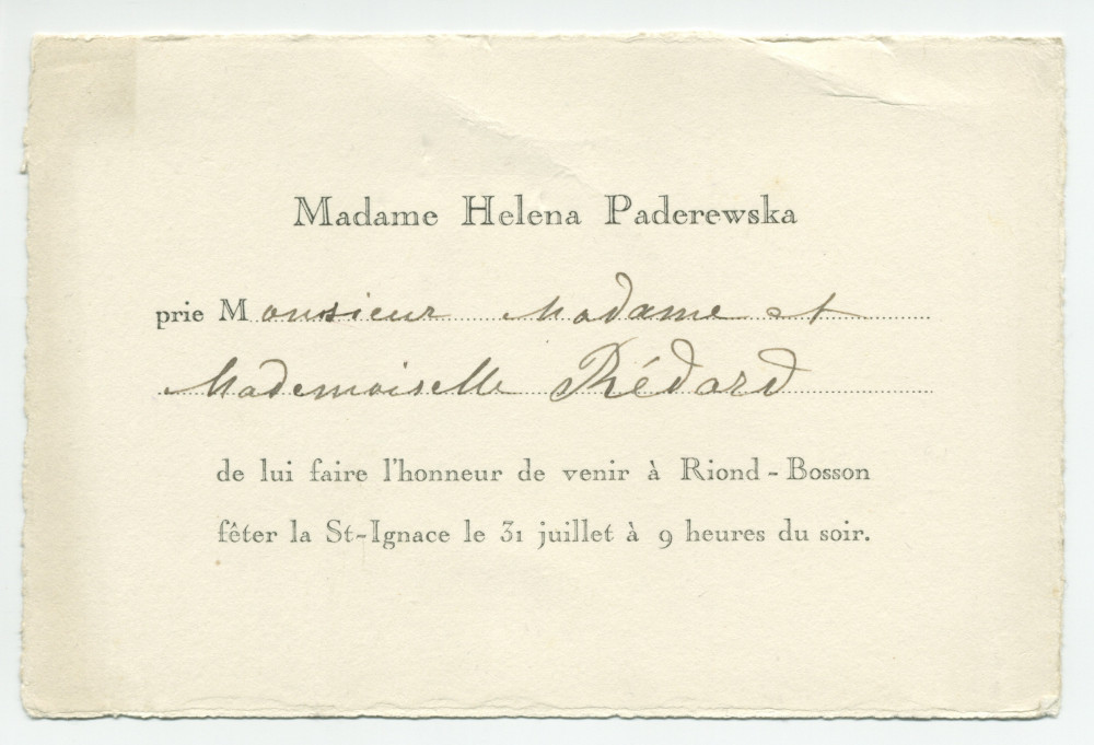 Deux cartons d'invitation adressés par Hélène Paderewski à «Monsieur, Madame et Mademoiselle [Anne-Marie] Redard» pour venir fêter la Saint-Ignace à Riond-Bosson un 31 juillet à 9 heures du soir