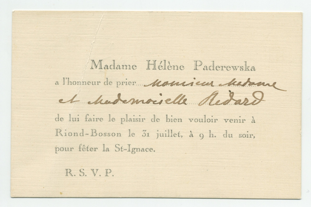 Deux cartons d'invitation adressés par Hélène Paderewski à «Monsieur, Madame et Mademoiselle [Anne-Marie] Redard» pour venir fêter la Saint-Ignace à Riond-Bosson un 31 juillet à 9 heures du soir