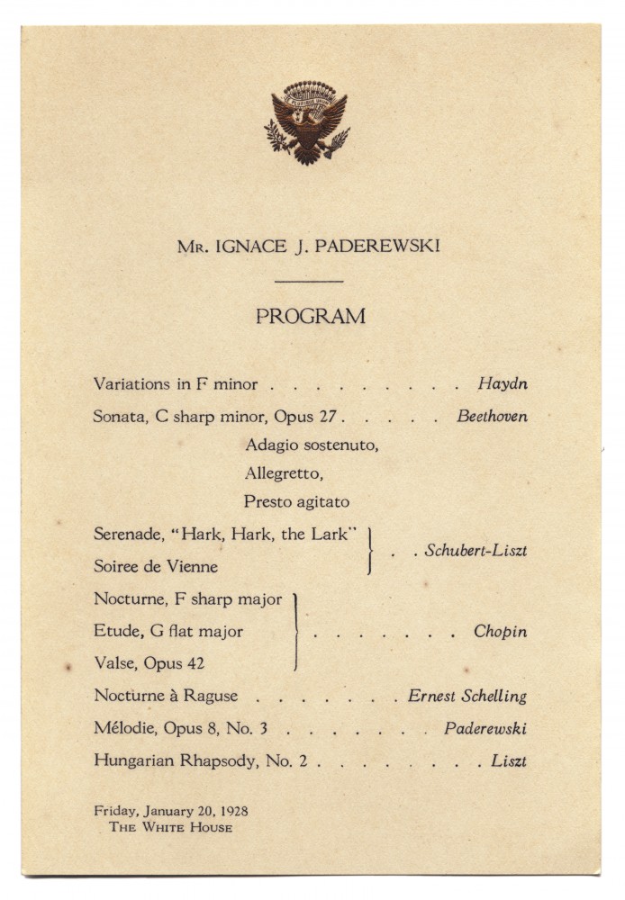 Programme du récital donné par Paderewski à la Maison Blanche (Washington) le 20 janvier 1928