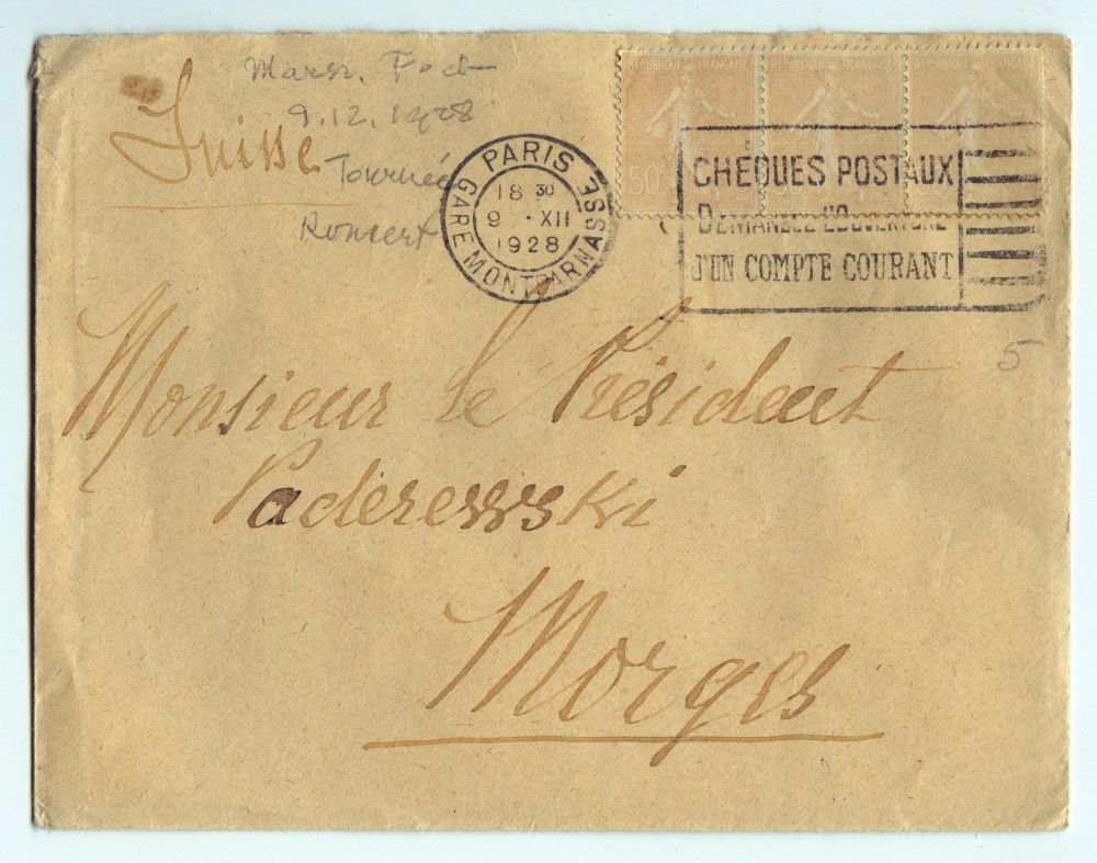Enveloppe de la lettre adressée de Paris le 9 décembre 1928 à «Monsieur le Président Paderewski» par le maréchal Foch