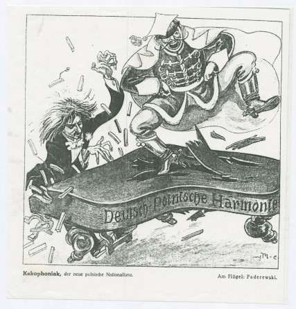 Reproduction d'une caricature «politique» d'auteur non identifié représentant un soldat allemand dansant sur le piano de Paderewski sous le signe de la «Deutsch-Polnische Harmonie»