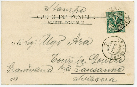 Carte postale de Paderewski – dessin (non signé) au crayon, avec le titre (italien) «Paderewschi» – édition D.T.F. / Prop. Art. Riservata – adressée d'Italie au Sig. Ugo Ara, Tour de Gourze (Grandvaux), le 10 septembre 1903