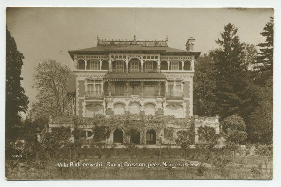 Carte postale avec légende représentant la «villa Paderewski» de Riond-Bosson depuis le sud (de face) – éditée par F. Regamey à Morges – avec au verso message en polonais rédigé vraisemblablement par Barbara et son fils Ignace Obuchowicz
