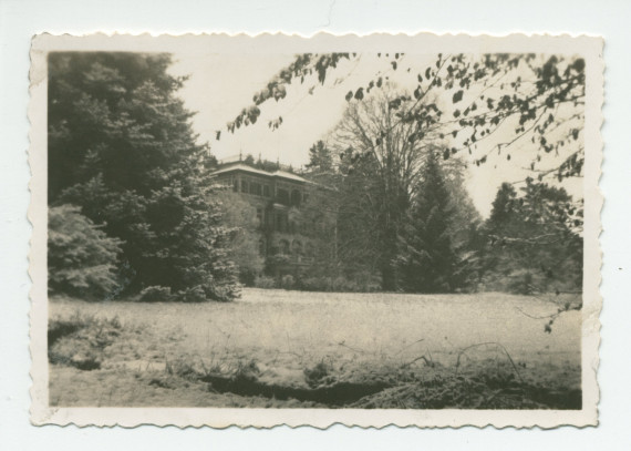 Photographie de la villa de Riond-Bosson prise depuis le sud-ouest, avec des arbres au premier plan – extraite d'un album de la famille Obuchowicz