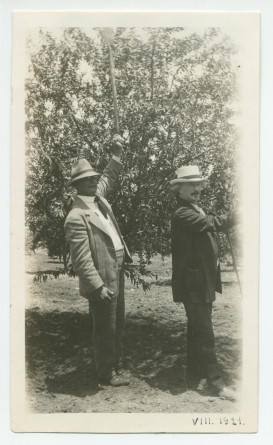 Photographie de Paderewski (en compagnie de ?) sous un amandier dans son «Rancho San Ignacio» à Paso Robles, en Californie, en août 1921