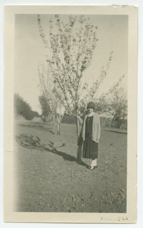 Photographie d'Hélène Lübke, secrétaire d'Hélène Paderwska, devant un arbre à Paso Robles, en Californie, le 31 mars 1926