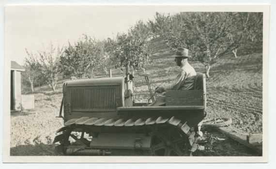 Photographie d'un tracteur au travail dans le champ d'amandiers du «Rancho Santa Helena» à Paso Robles, en Californie