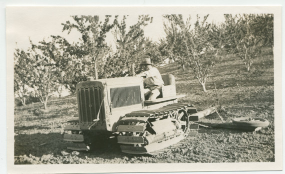 Photographie d'un tracteur au travail dans le champ d'amandiers du «Rancho Santa Helena» à Paso Robles, en Californie