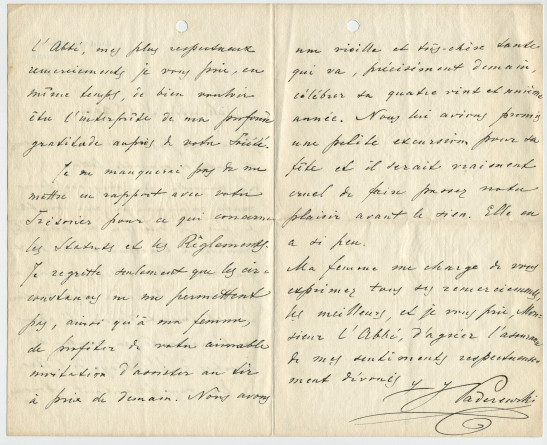 Lettre adressée par Paderewski à l'Abbé[-Président] de l'Abbaye de l'Arc de Lausanne, de Riond-Bosson le 29 juin 1906