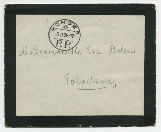 Carte (avec enveloppe) adressée par Paderewski à Eva Bolens, à Tolochenaz, de Morges le 3 février 1934