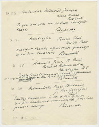Brouillons de télégrammes adressés par Paderewski, entre août et novembre 1935 (16-20)