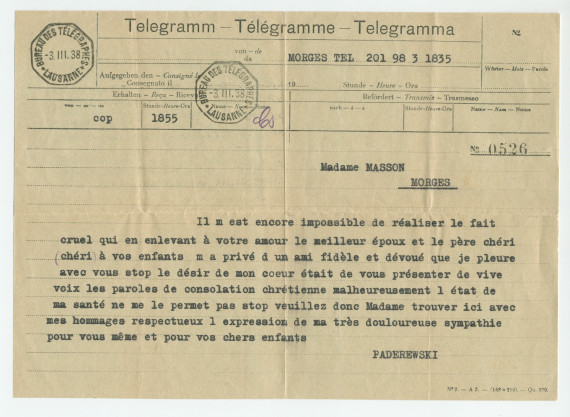 Télégramme adressé par Paderewski à Madame Masson, veuve du Dr Raoul Masson, son médecin et ami, à la suite de son décès, à Lausanne, de Morges, le 3 mars 1938