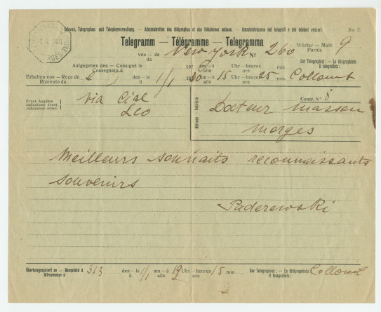 Télégramme adressé par Paderewski au Dr Raoul Masson, son médecin et ami, à Morges, de New York, en 1931