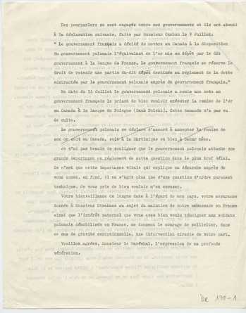 Lettre (dactylographiée, annotée et non signée) adressée par Paderewski au maréchal Pétain, le 28 août 1940