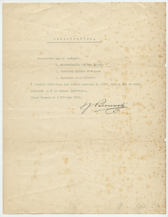 Lettre dactylographiée signée de Paderewski, adressée de Riond-Bosson le 2 février 1934 (sans doute) au Bureau des Postes de Tolochenaz, donnant autorisation à Hélène Lübke, Sylwin Strakacz et Jean Schafer «à prendre livraison des envois postaux…»