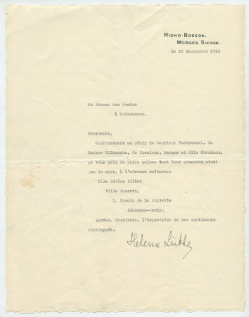 Lettre dactylographiée sur papier «I. J. P. Riond-Bosson» adressée par Hélène Lübke, ancienne secrétaire d'Hélène Paderewska, au Bureau des Postes de Tolochenaz au moment du départ pour l'Amérique, le 23 septembre 1940