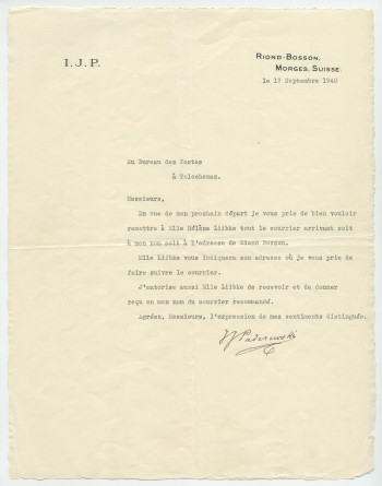 Lettre dactylographiée sur papier «I. J. P. Riond-Bosson» adressée par Paderewski au Bureau des Postes de Tolochenaz au moment du départ pour l'Amérique, le 17 septembre 1940