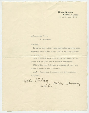 Lettre dactylographiée sur papier «I. J. P. Riond-Bosson» adressée par Sylwin Strakacz, secrétaire de Paderewski, son épouse Aniela et leur fille Anne («Anelka»), au Bureau des Postes de Tolochenaz au moment du départ pour l'Amérique, le 23 septembre 1940