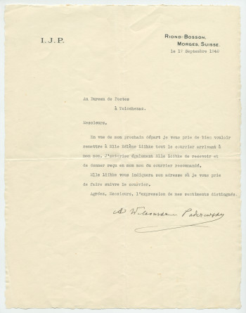 Lettre dactylographiée sur papier «I. J. P. Riond-Bosson» adressée par Antonina Wilkonska, sœur de Paderewski, au Bureau des Postes de Tolochenaz au moment du départ pour l'Amérique, le 17 septembre 1940