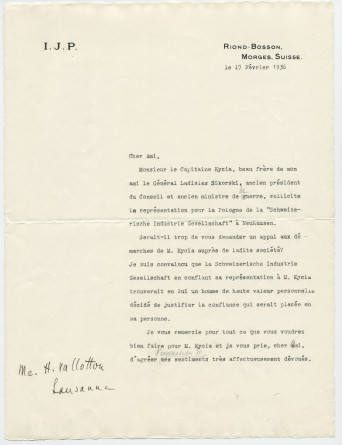 Lettre adressée par Paderewski à Henry Valotton, de Riond-Bosson le 17 février 1936