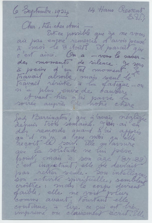 Lettre (avec enveloppe) adressée par Laurence [Alma-Tadema], 14 Hans Crescent à Londres, à Paderewski, à Riond-Bosson, le 6 septembre 1934