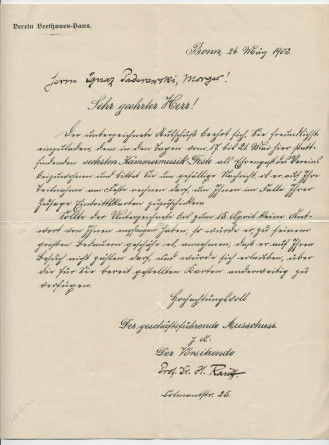 Lettre adressée par le «Vorsitzende» [président] du Verein Beethoven-Haus à Bonn, Prof. Dr. H. Rauff, à Paderewski, à Morges, le 24 mars 1903