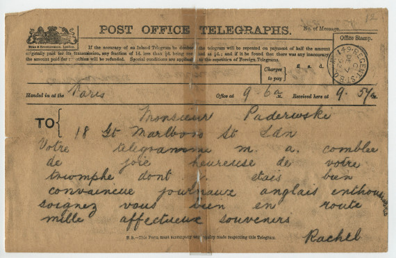 Télégramme adressé par la princesse Rachel Bibesco Bassaraba, princesse de Brancovan, à Paderewski, 18 Great Marlborough Street à Londres, de Paris le 7 décembre 1892