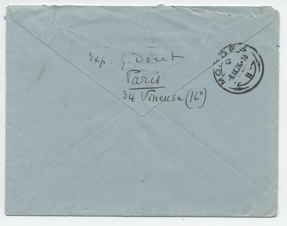 Lettre (avec enveloppe) adressée par Gustave Doret, 34 rue Vineuse à Paris (16e), à Paderewski, à Morges, le 6 septembre 1926