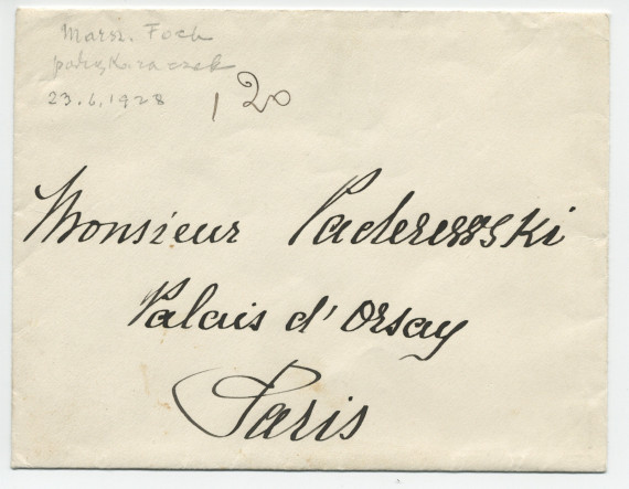 Lettre (avec enveloppe) adressée par le maréchal Foch à Paderewski, au Palais d'Orsay à Paris, [de Paris] le 23 juin 1928