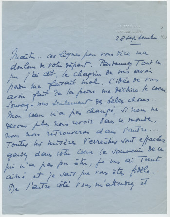 Lettre adressée par Simone Giron-de Pourtalès à Paderewski, de «La Terrasse» à Genthod (Genève) le 28 septembre [1940]