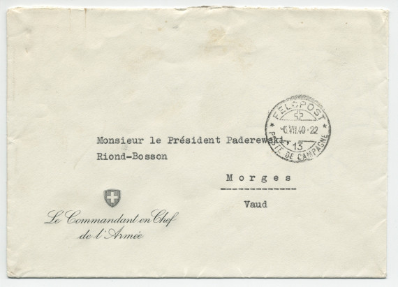 Lettre (avec enveloppe) adressée par le général Henri Guisan, commandant en chef de l'armée suisse, à «Monsieur le Président Paderewski» à Riond-Bosson, du quartier général de l'armée le 6 juillet 1940