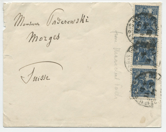 Lettre (avec enveloppe) adressée par Charles-Marie Widor, sous en-tête de l'Académie des beaux-arts [à Paris], à Paderewski, à Morges, le 14 mai 1929