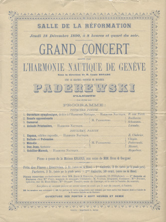 Programme du «Grand concert donné par l'Harmonie nautique de Genève sous la direction de M. Louis Bonade avec le gracieux concours de Monsieur Paderewski» le 18 décembre 1890 à la Salle de la Réformation à Genève