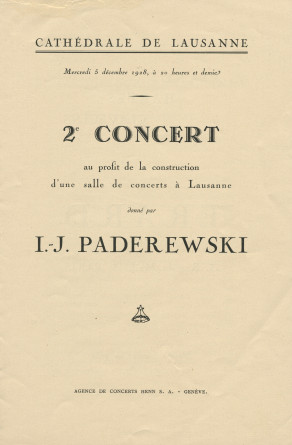 Libretto du récital Chopin donnée par Paderewski le 5 décembre 1928 à la Cathédrale de Lausanne au profit de la construction d'une salle de concerts à Lausanne (a-e)